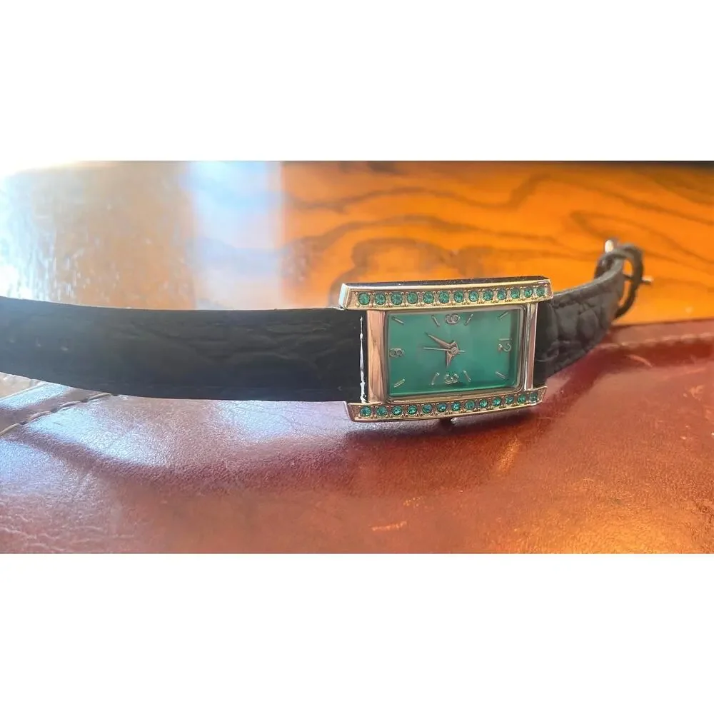 Women's 20mm Silver tone Watch, Green Face and Crystal  Accents, Leather Band